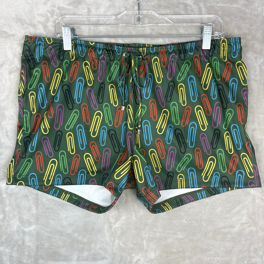 Tulio Brazil Swim Trunks Men's Large Rainbow Paperclip Print 90s AOL Tag Pocket